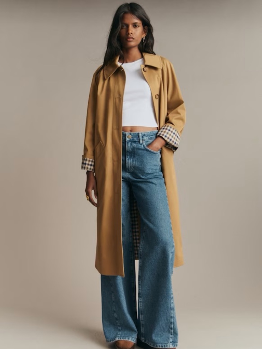 Sezane Tan Long Trench Coat with Gingham Lining